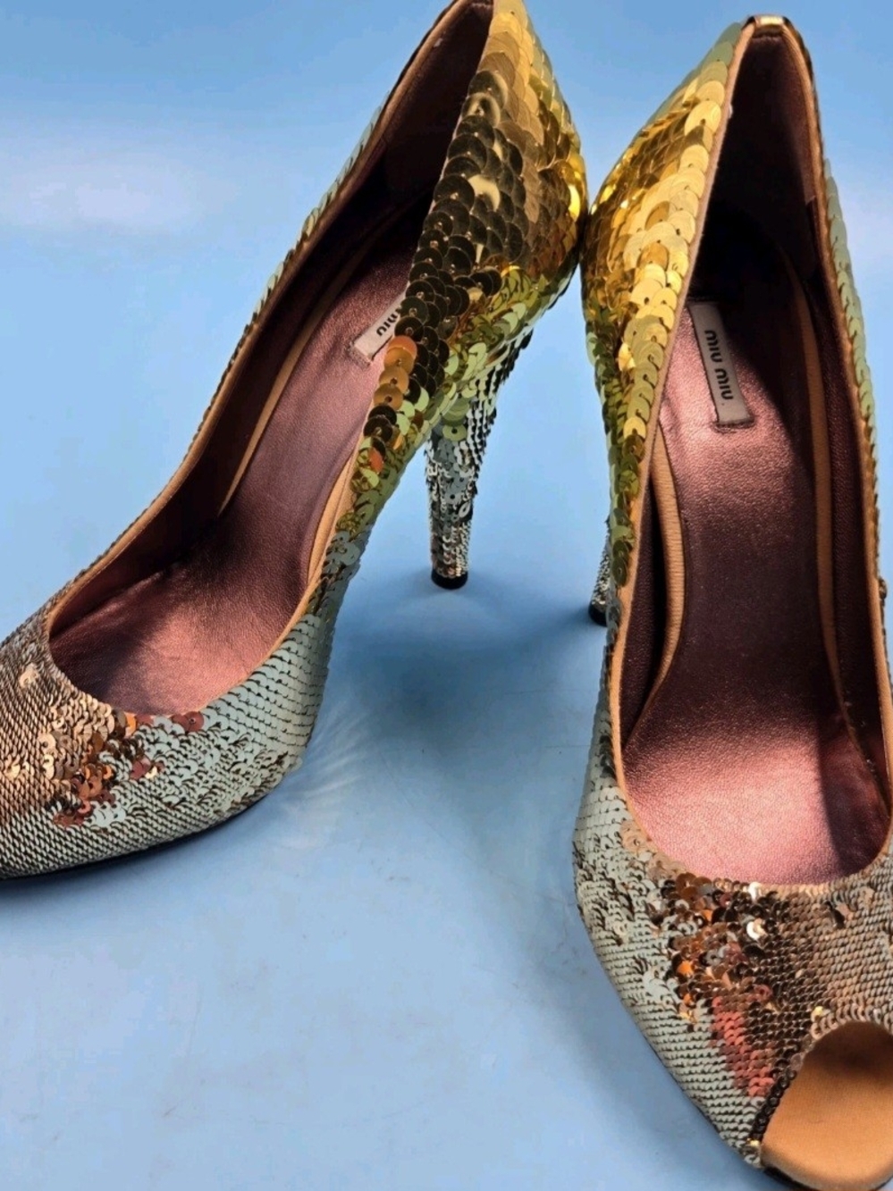 Miu Miu Gold Sequin Open-Toe Stiletto Pumps